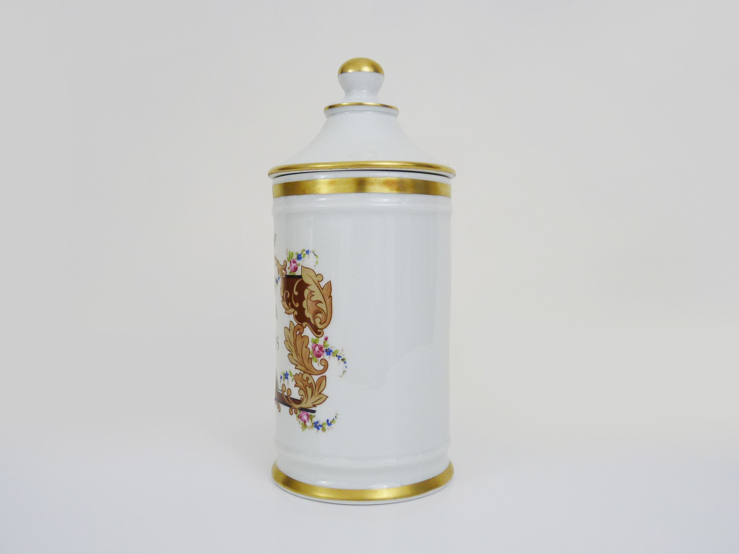 Old apothecary pot, made of snake porcelain, painted by hand. Year 60