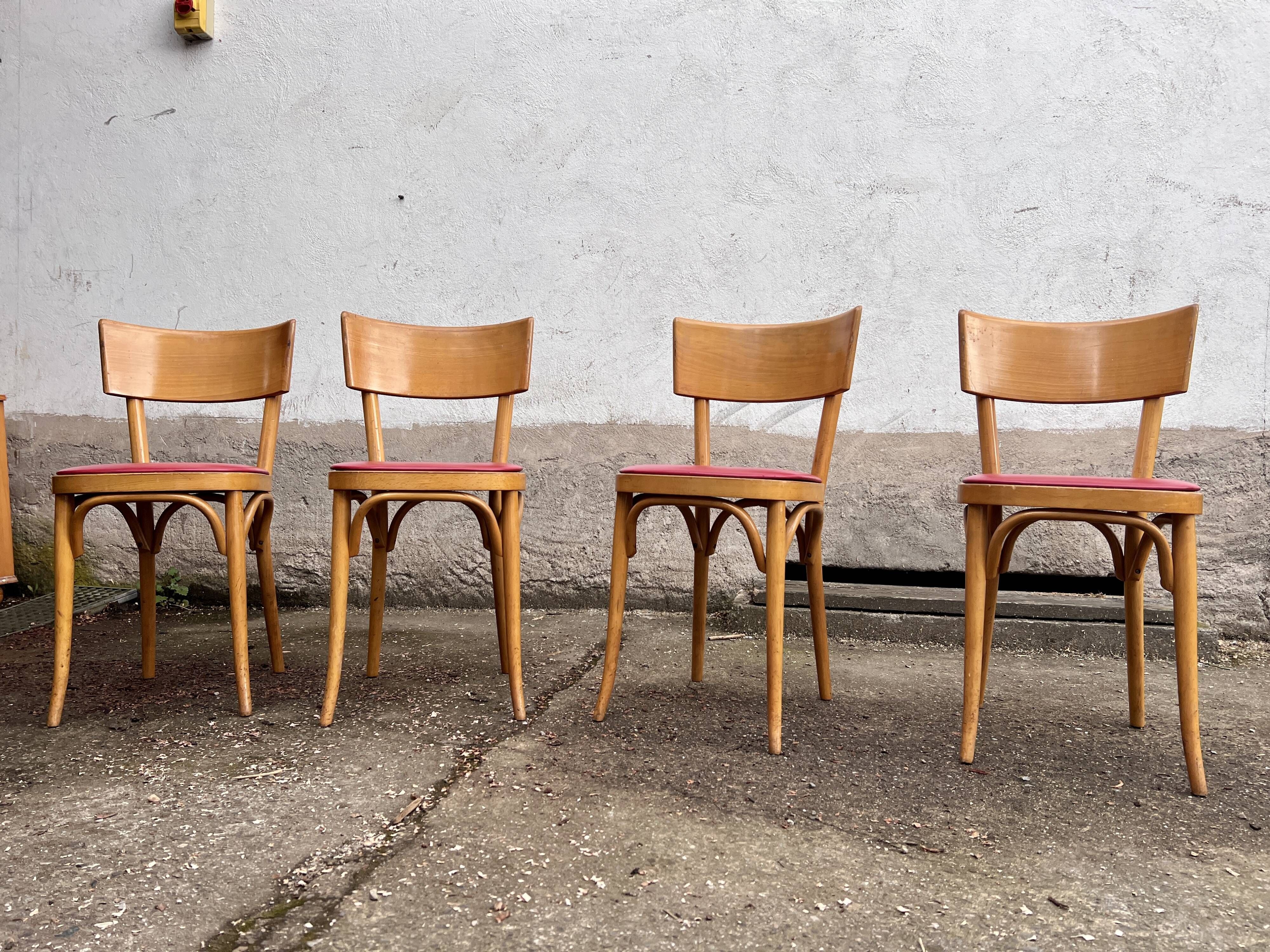 Lot of 4 baumann chairs bistrot parisian barter beech wood and red skaï