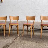 Lot of 4 baumann chairs bistrot parisian barter beech wood and red skaï