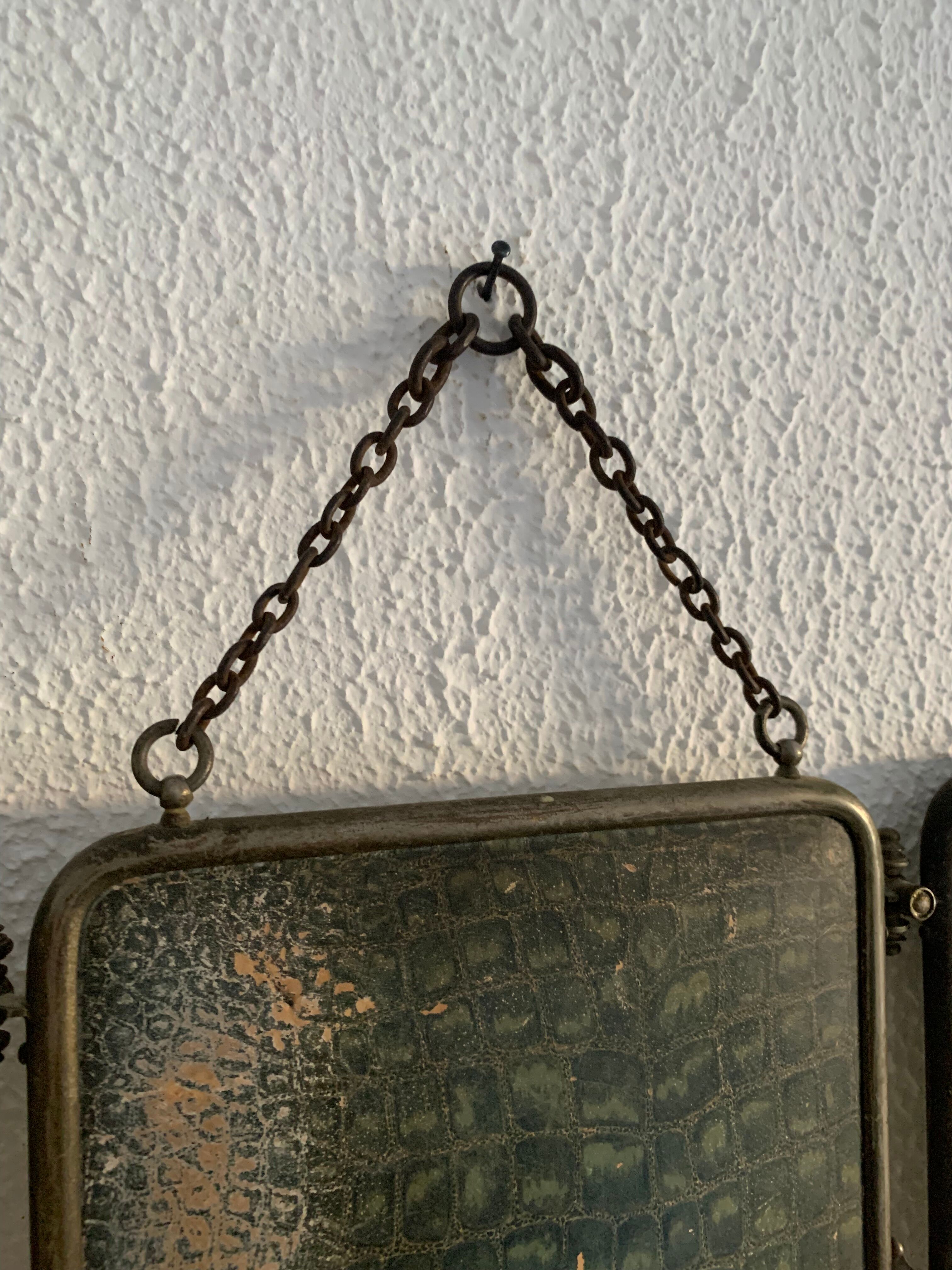 Vintage mirror 1930 triptych beveled barber crystal - 28 x 58 cm