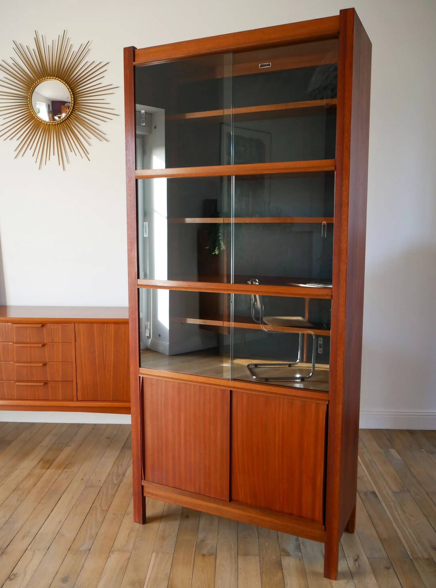 Teak and glass display cabinet, stamped "Seigneur", Scandinavian design, 1960