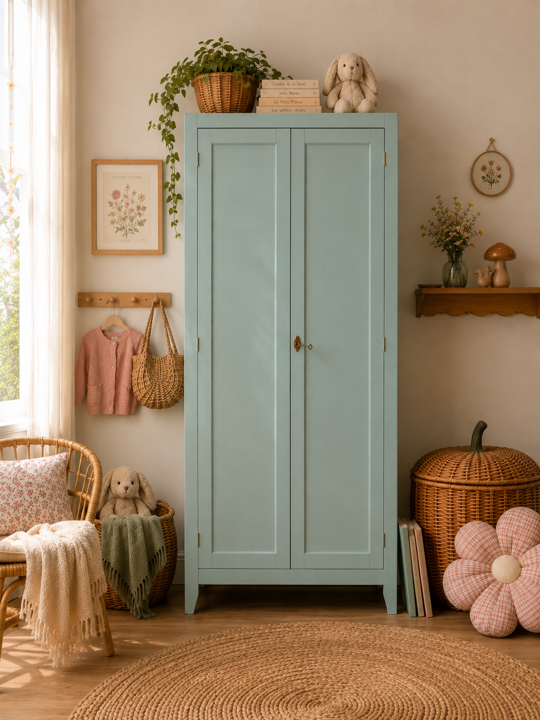 Vintage Parisian wardrobe in grey-blue green.