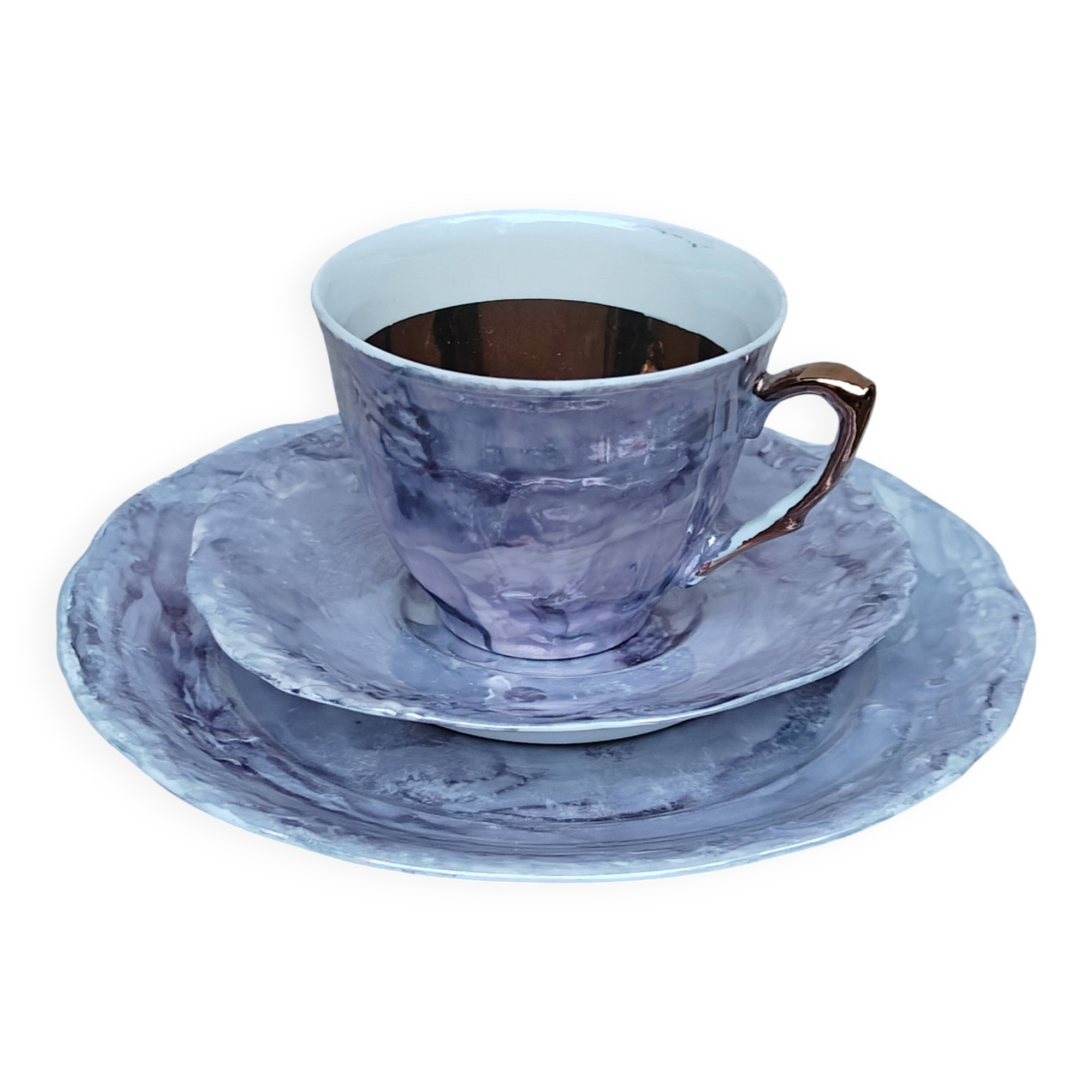 Vintage Marble Purple & Gold Interior Porcelain Coffee/Tea Trio -