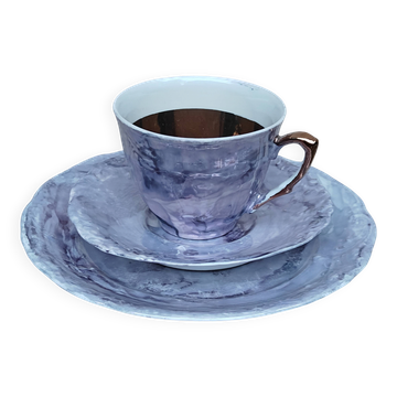 Trio à Café / Thé Vintage en Porcelaine Marbrée Violette & Intérieur Doré -