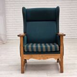 1970s, Danish highback armchair, furniture wool, solid oak wood.