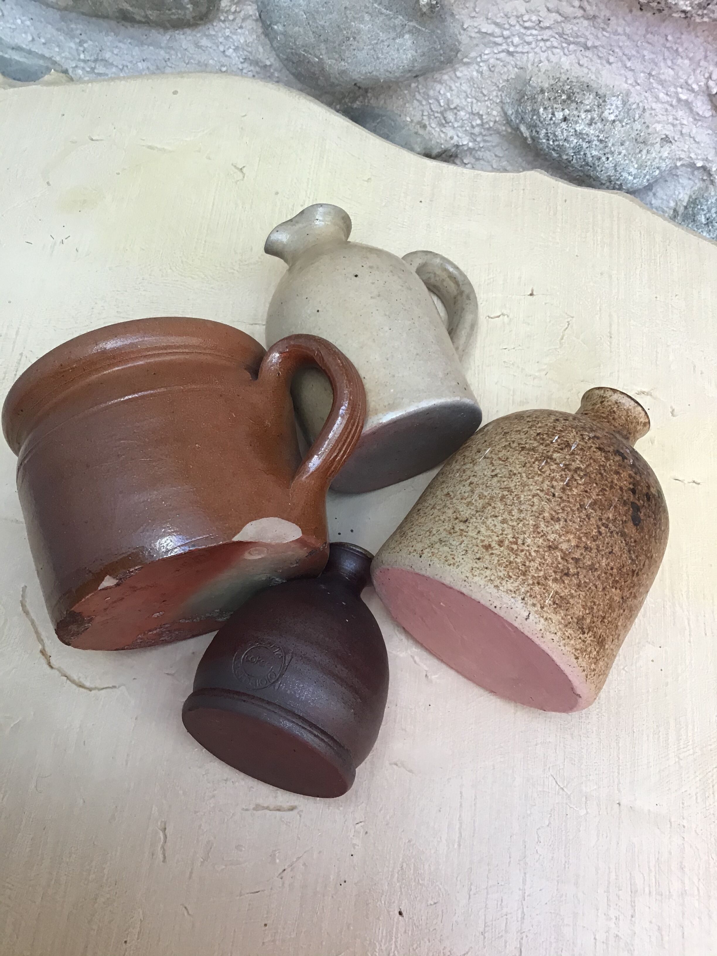 Lot of 4 sandstone objects: 2 vases 1 pitcher and a salt pot