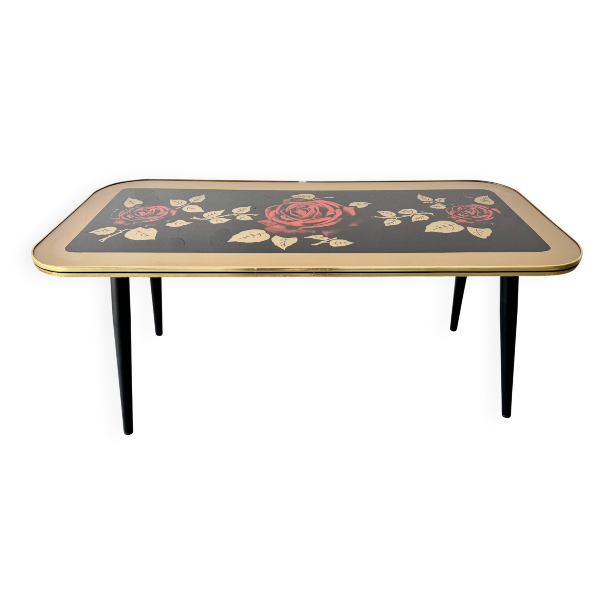 Vintage Coffee Table Floral Glass Top Tapered Legs