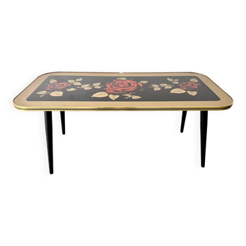 Vintage Coffee Table Floral Glass Top Tapered Legs
