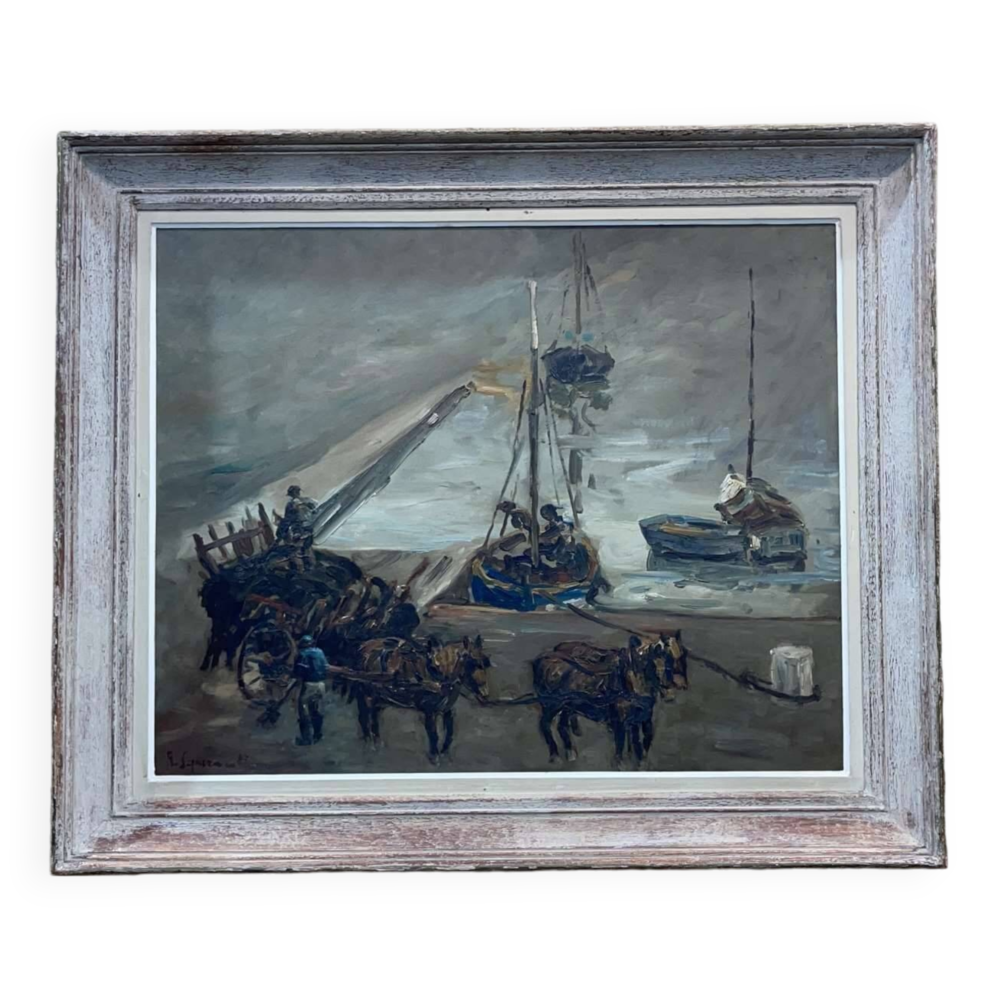 Oil on panel by Robert Leparmentier - The port of Paimpol in the fog