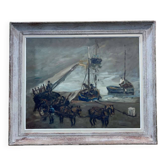 Huile sur panneau de Robert Leparmentier - Le port de Paimpol dans la brume