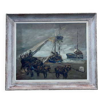Huile sur panneau de Robert Leparmentier - Le port de Paimpol dans la brume