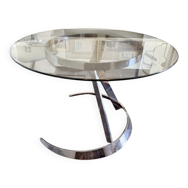 Grande table ronde attribuée à Boris Tabacoff, verre et acier chromé, année