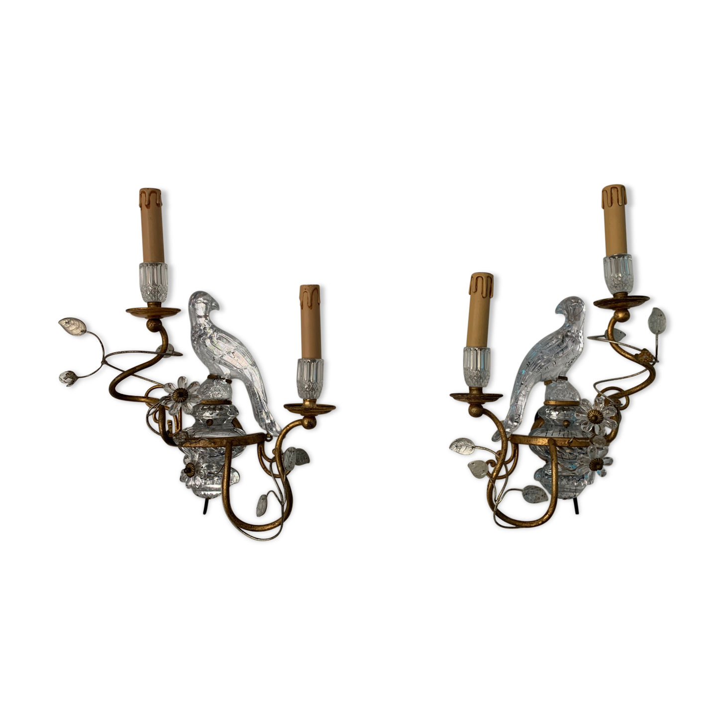 Pair of parrot crystal or parakeet wall sconces Maison Baguès 1950