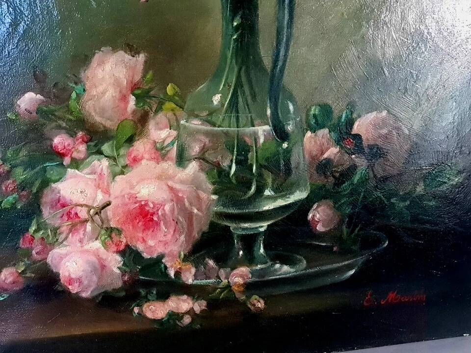 Old HST Still Life with Roses circa 1900 signed Martih 65x54 cm D151