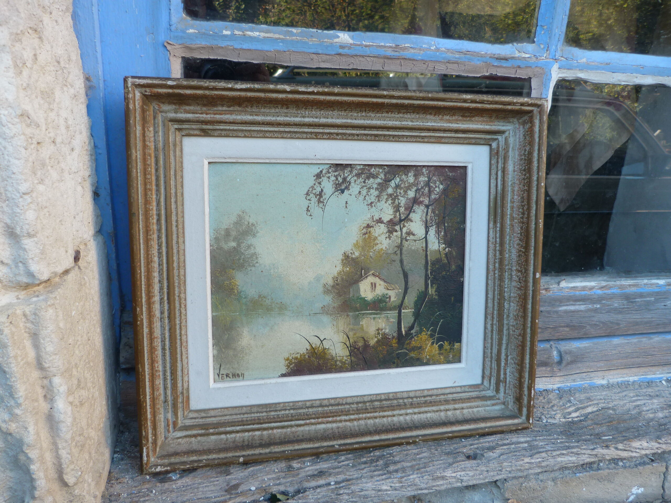 Old landscape painting signed vernon framed
