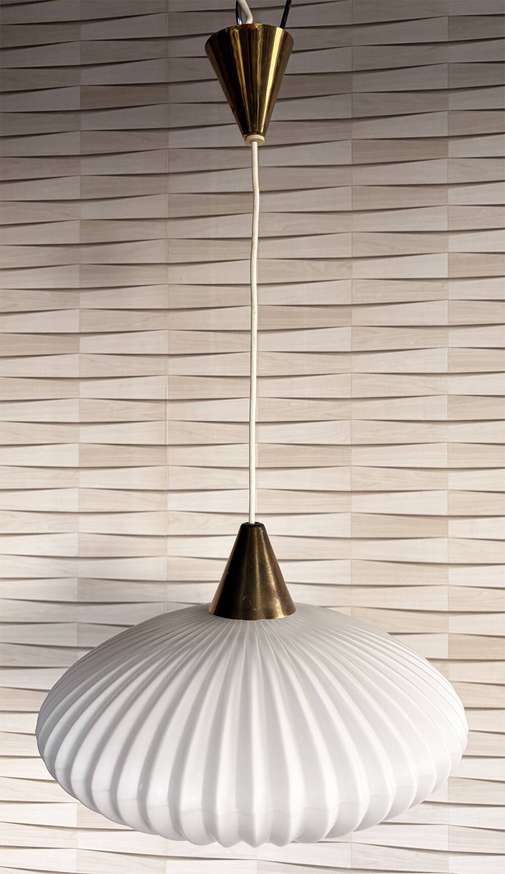 Vintage Scandinavian pendant light in opaline glass and brass, circa 1950, spirit.