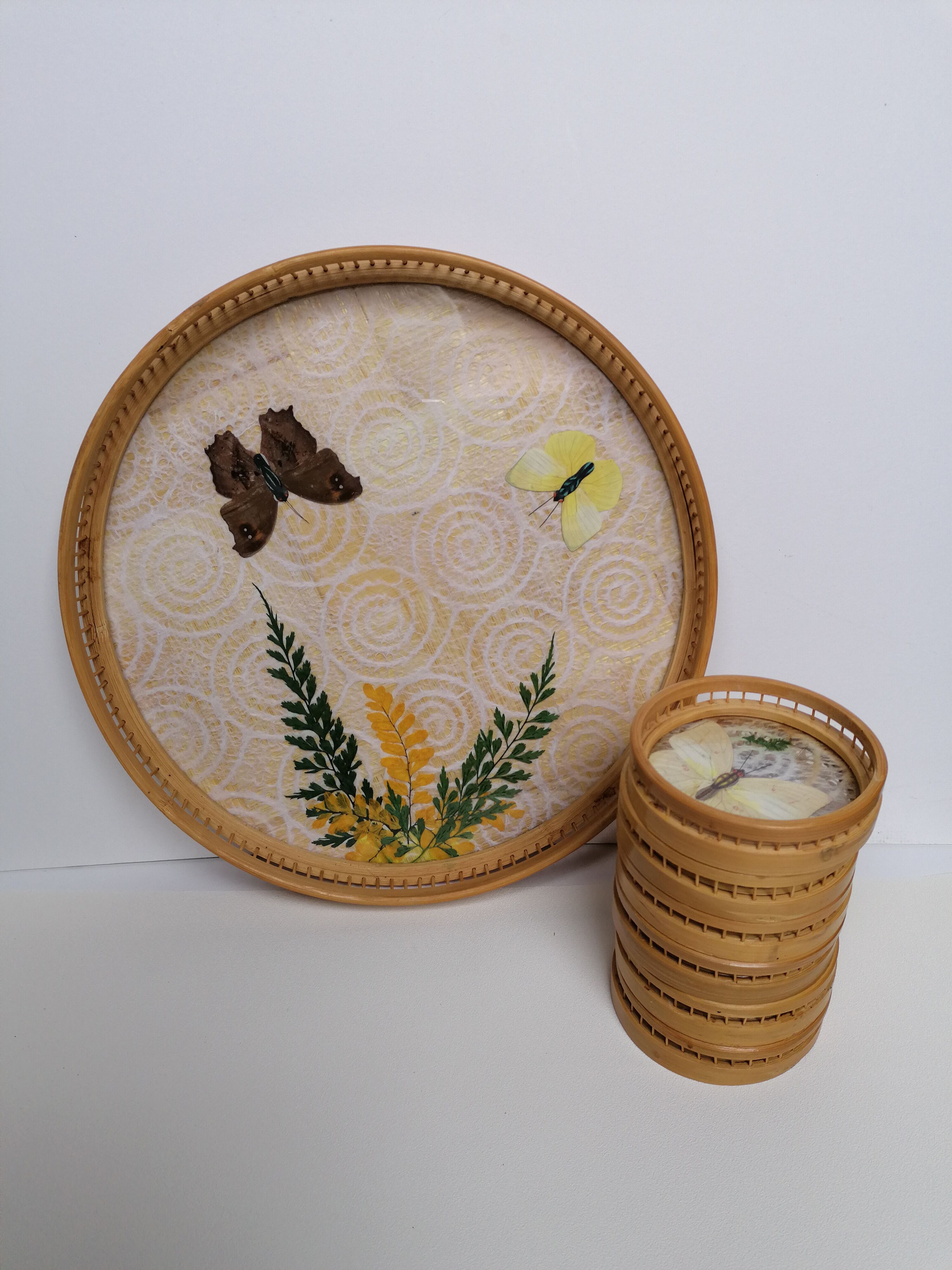 Butterfly rattan tray and coaster
