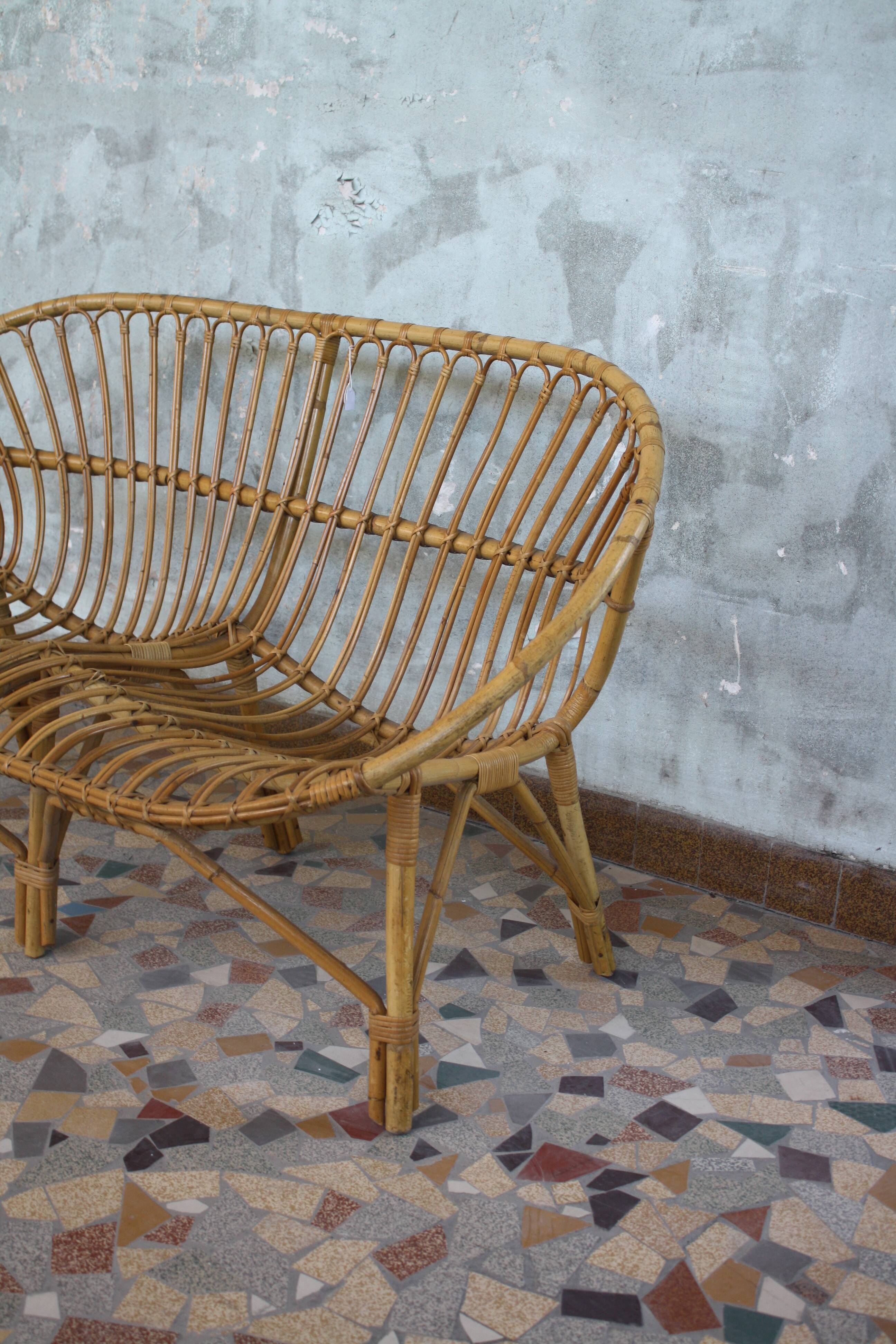 Vintage rattan bench 1960
