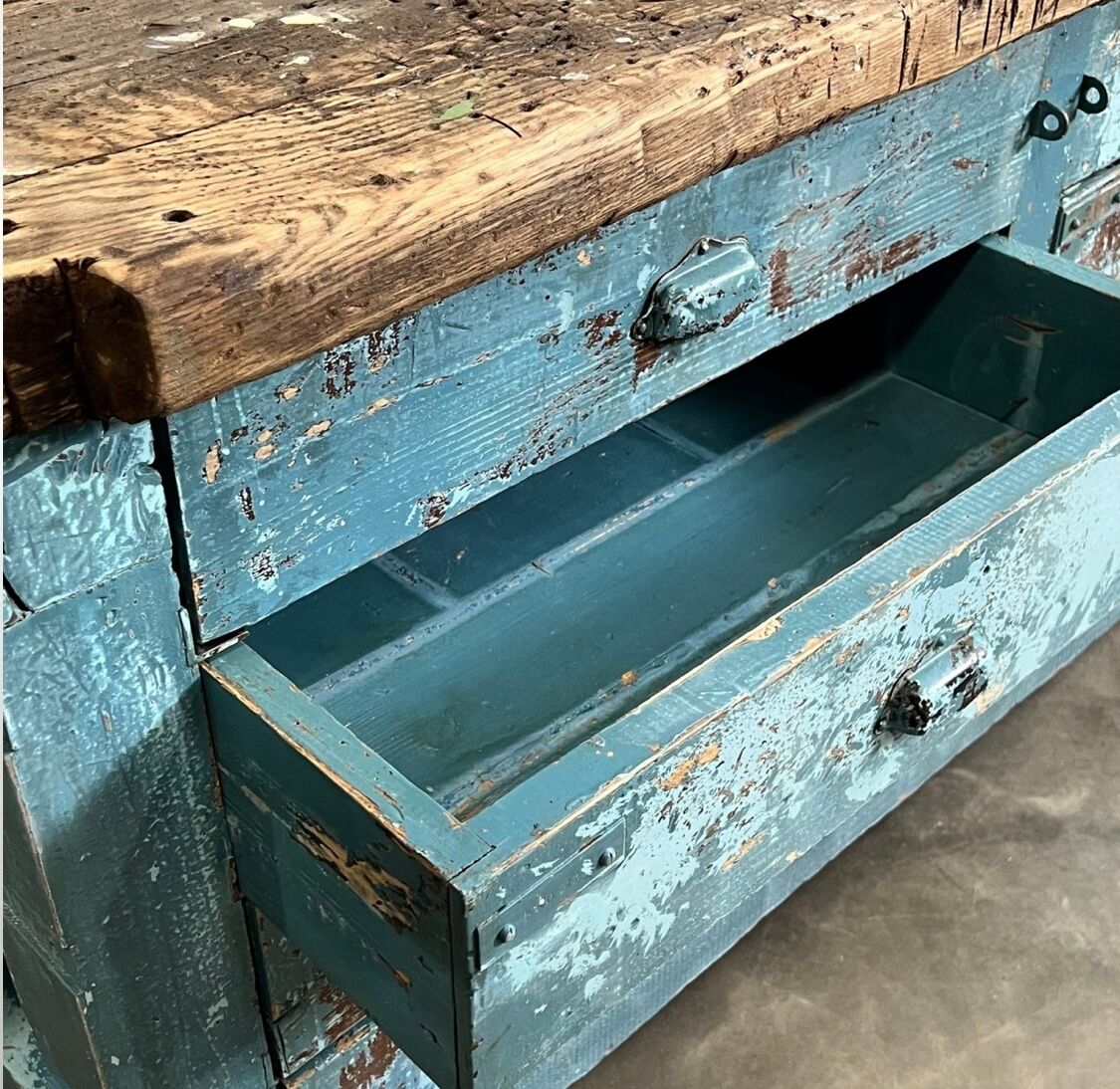 Painted workbench with drawers