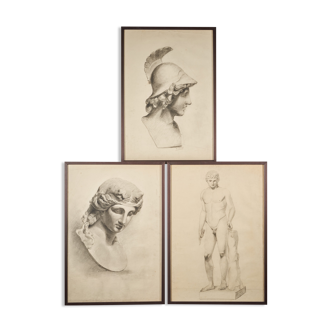 Selection of Three Academic Drawings, Charcoal Pencil on Paper, Framed