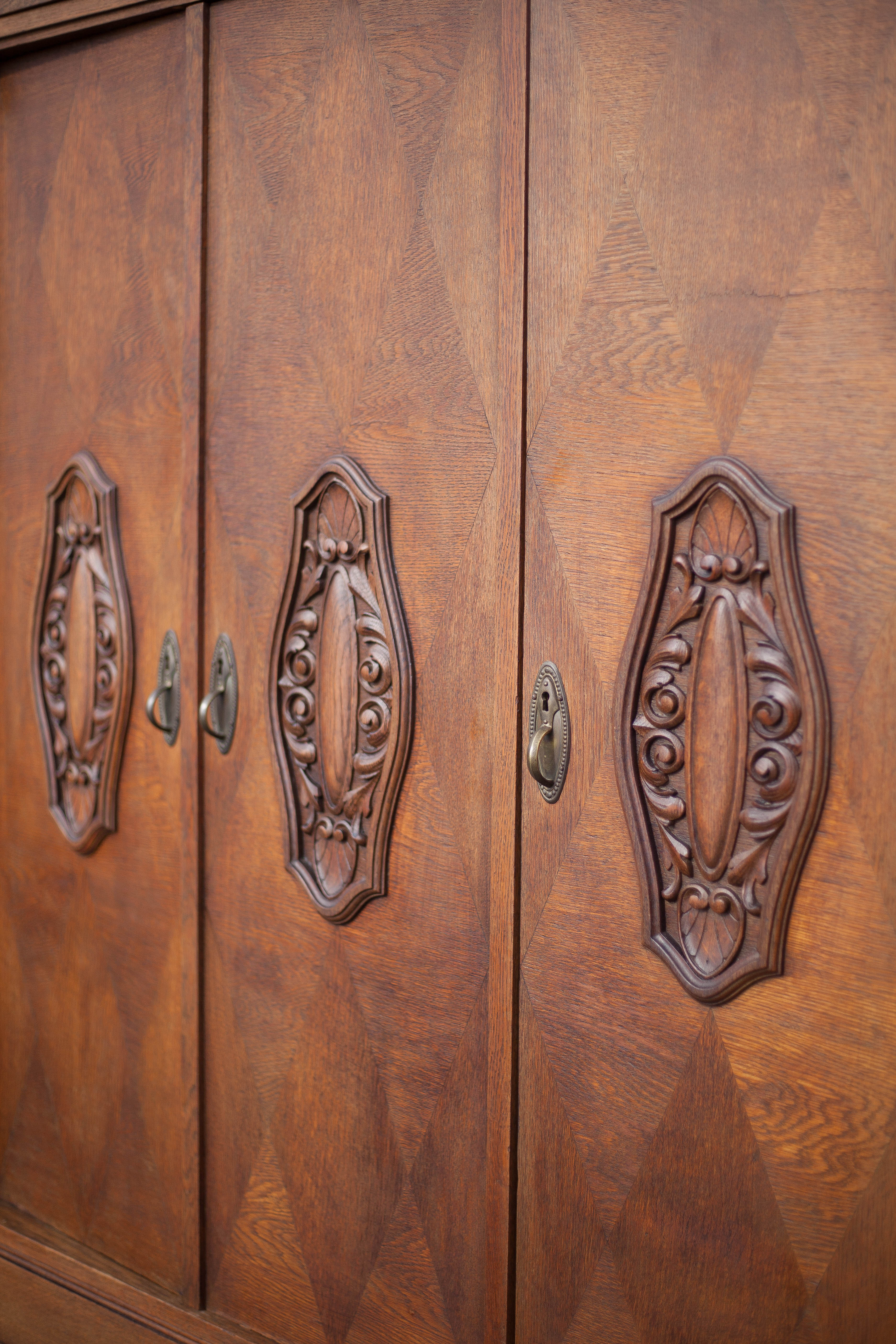 Bookcase carved wood 3 old doors, bookcase window beveled