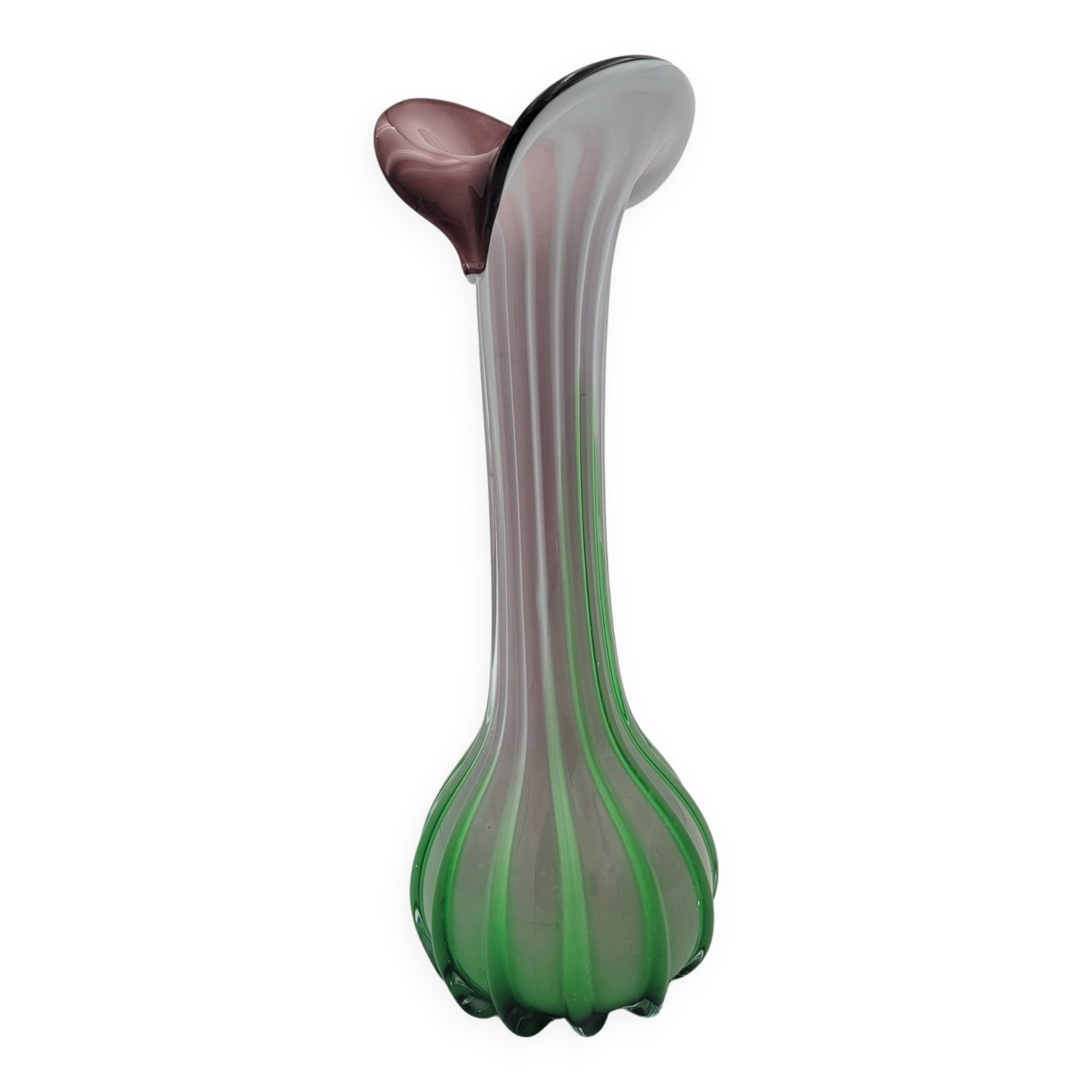 Murano glass vase "Jack in the Pulpit" green and purple