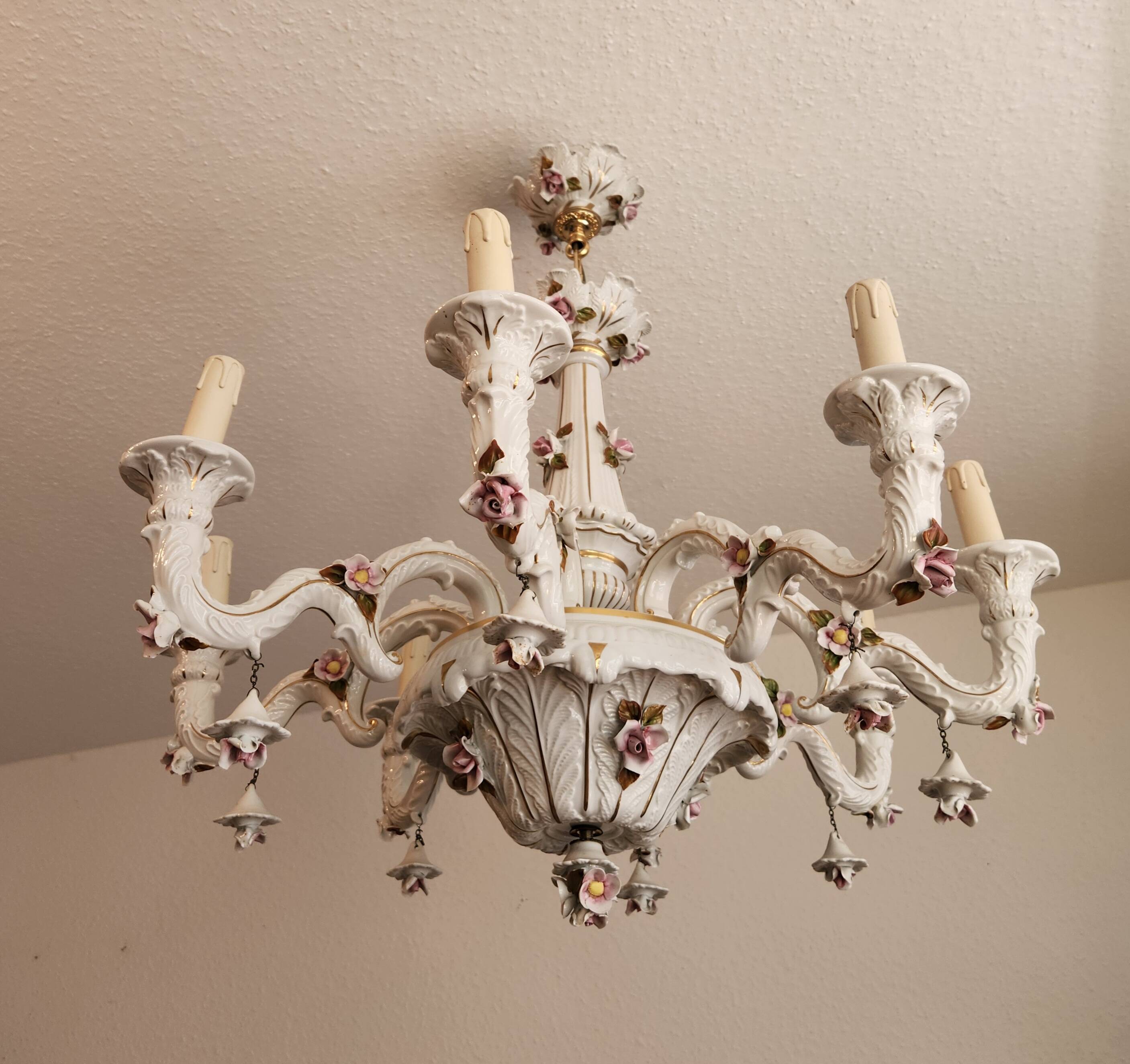 Large hand-painted gilded chandelier mangani ceramiche porcelain