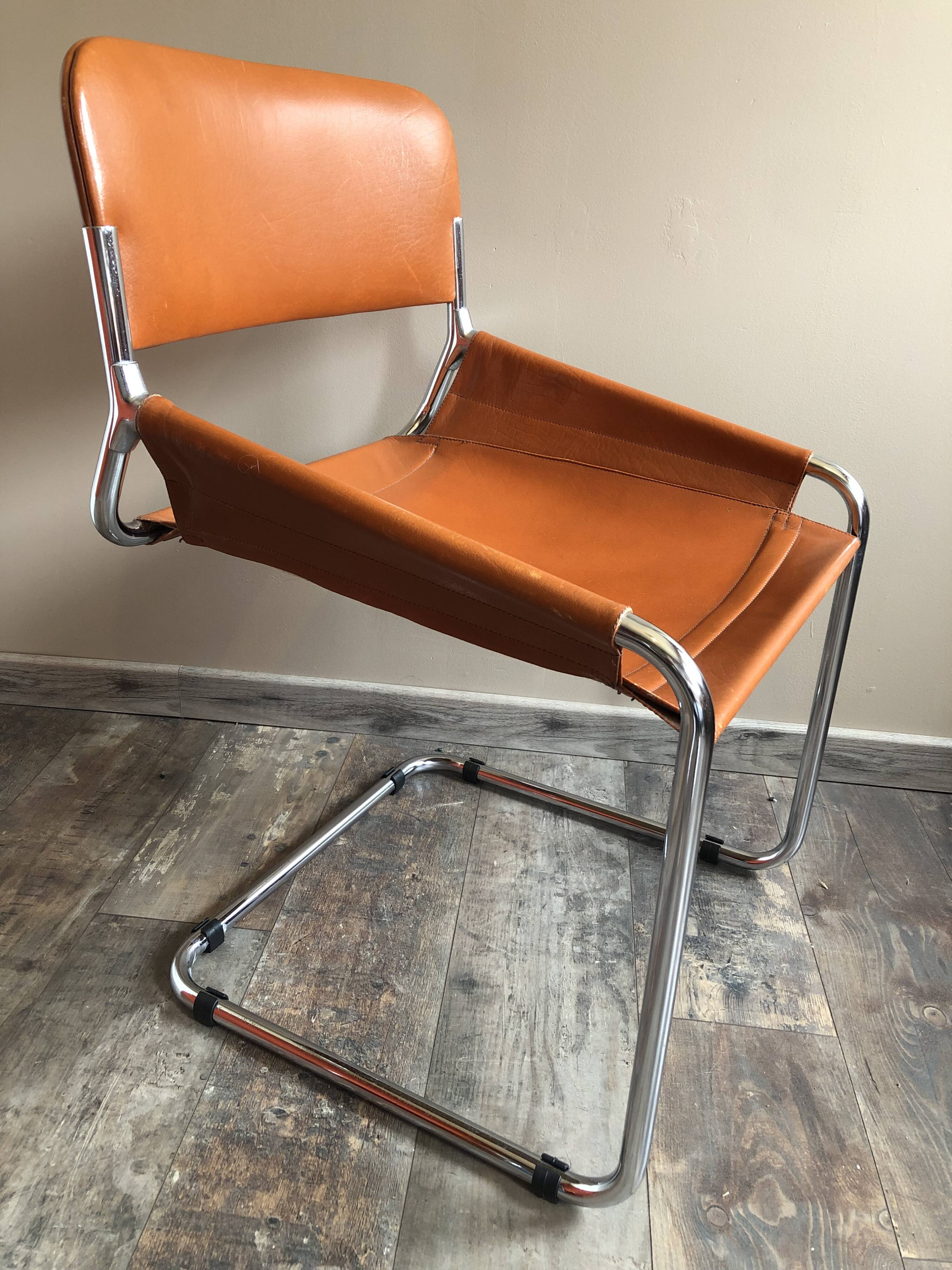 4 vintage 70s Italian chairs in cognac leather and stainless steel
