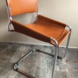 4 vintage 70s Italian chairs in cognac leather and stainless steel