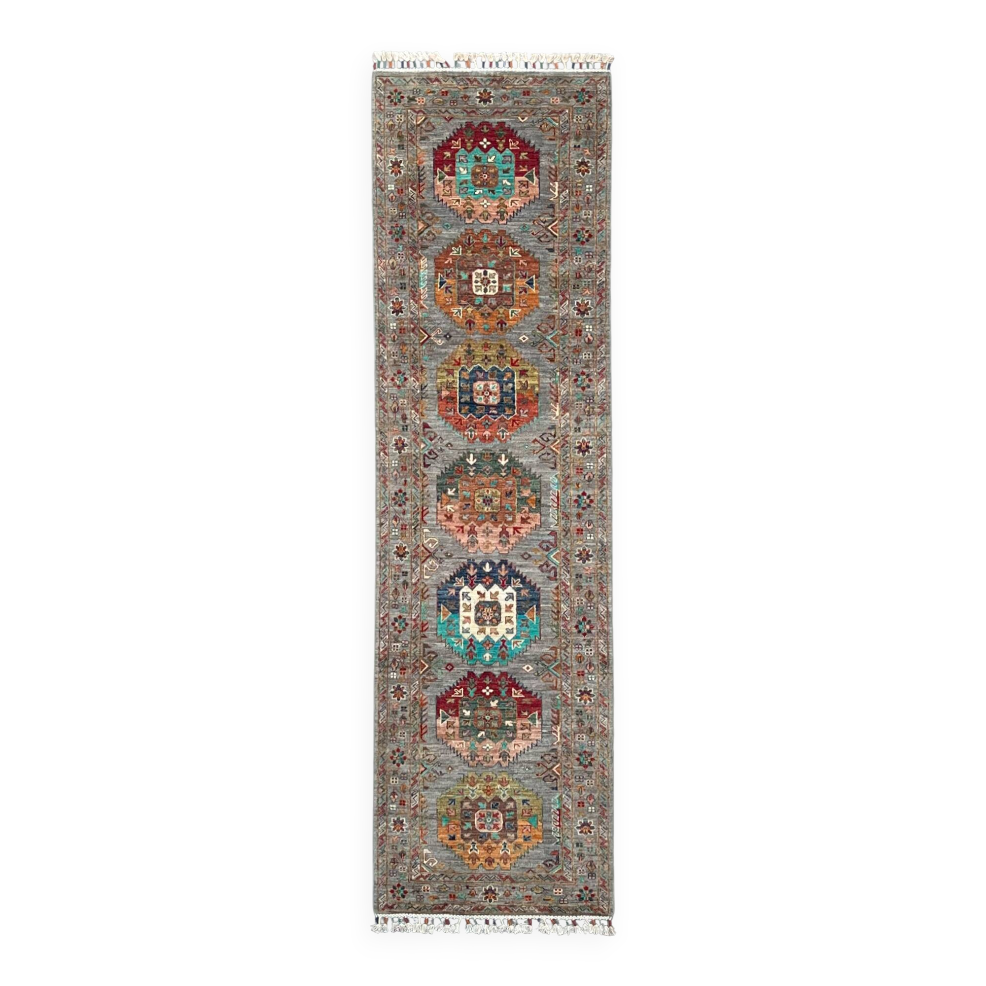 Vintage Caucasian Kazak Wool Runner Rug With Geometric Medallions – 84x300