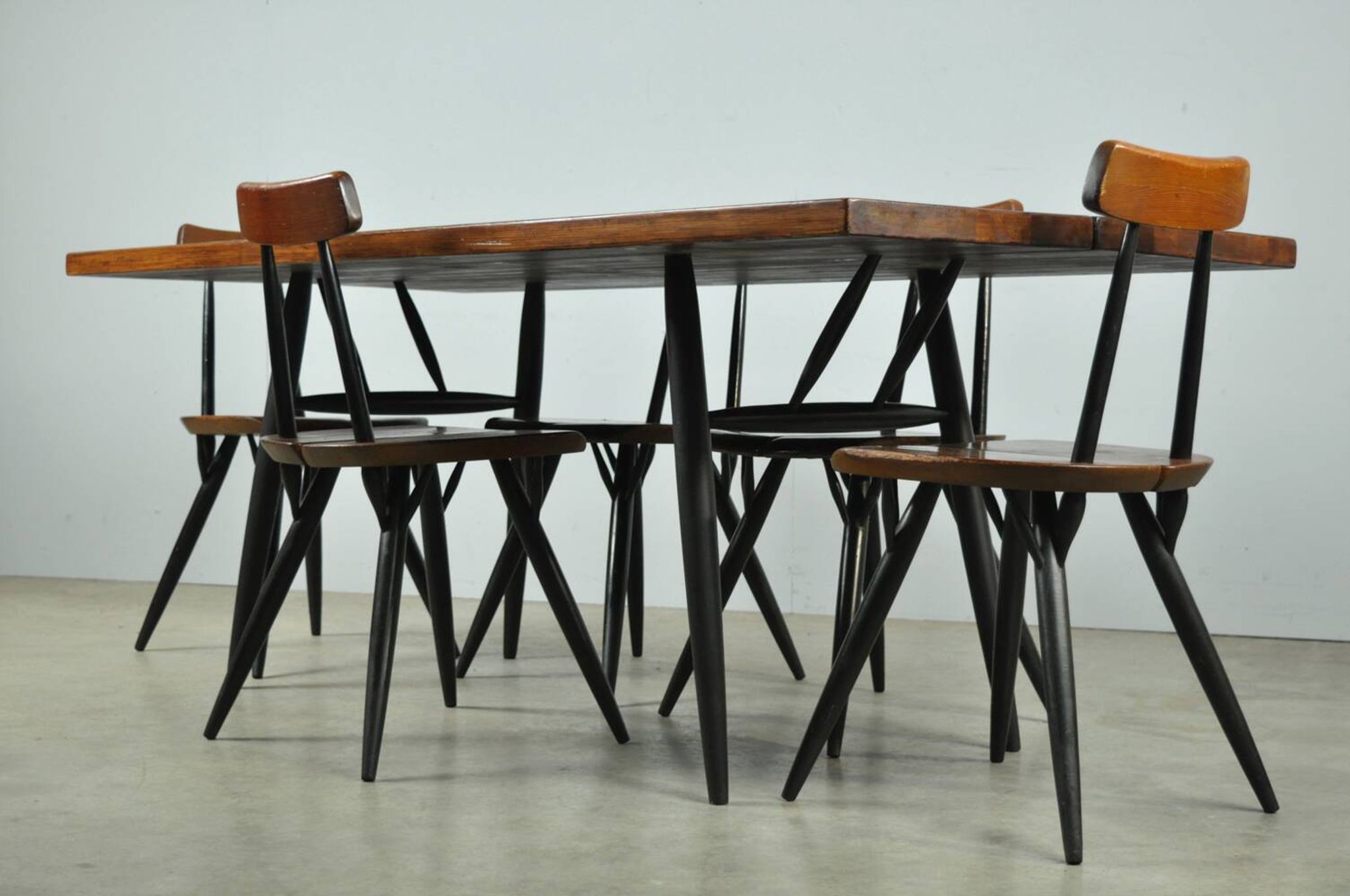 🟡 PIRKKA dining table chairs, Ilmari Tapiovaara, Laukaan Puu, Finland 1950