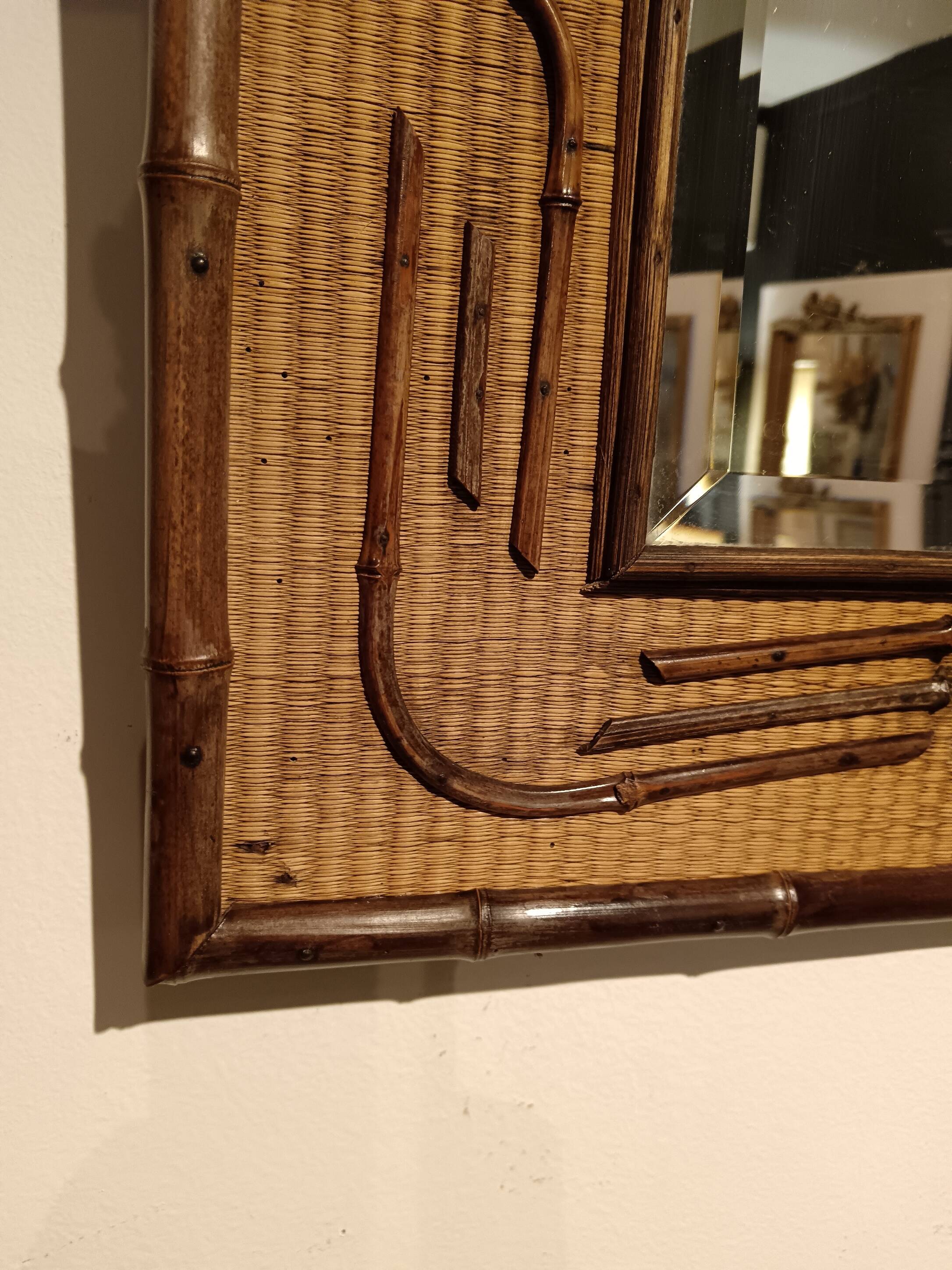 2-tone beveled square wood and rattan mirror