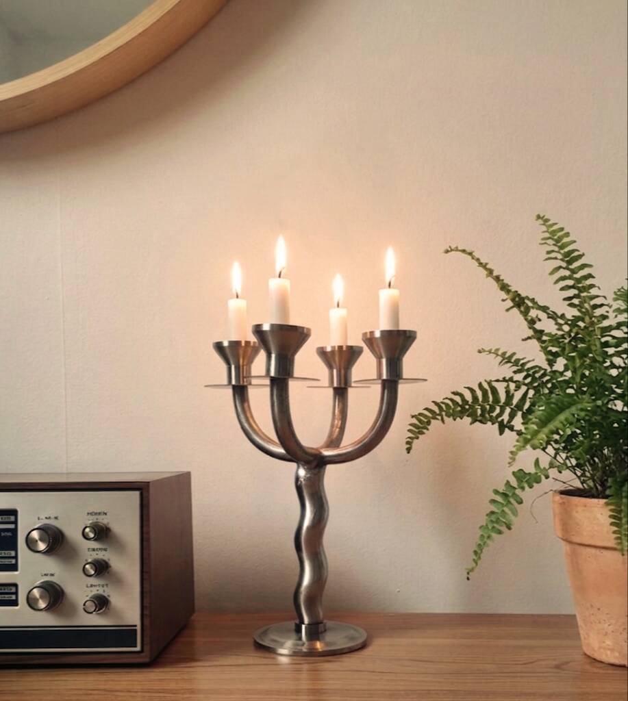 Vintage brutalist chandelier with 4 lights in brushed metal.