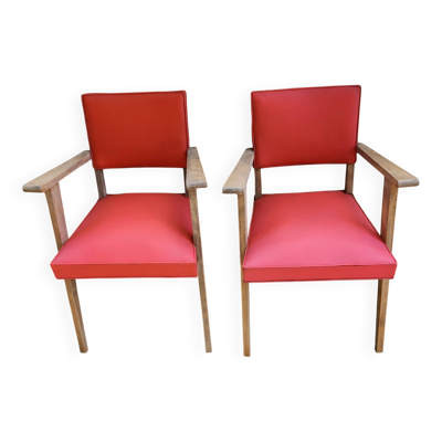 Paire de Fauteuils Bridge Vintage  Rouge & Bois années 50
