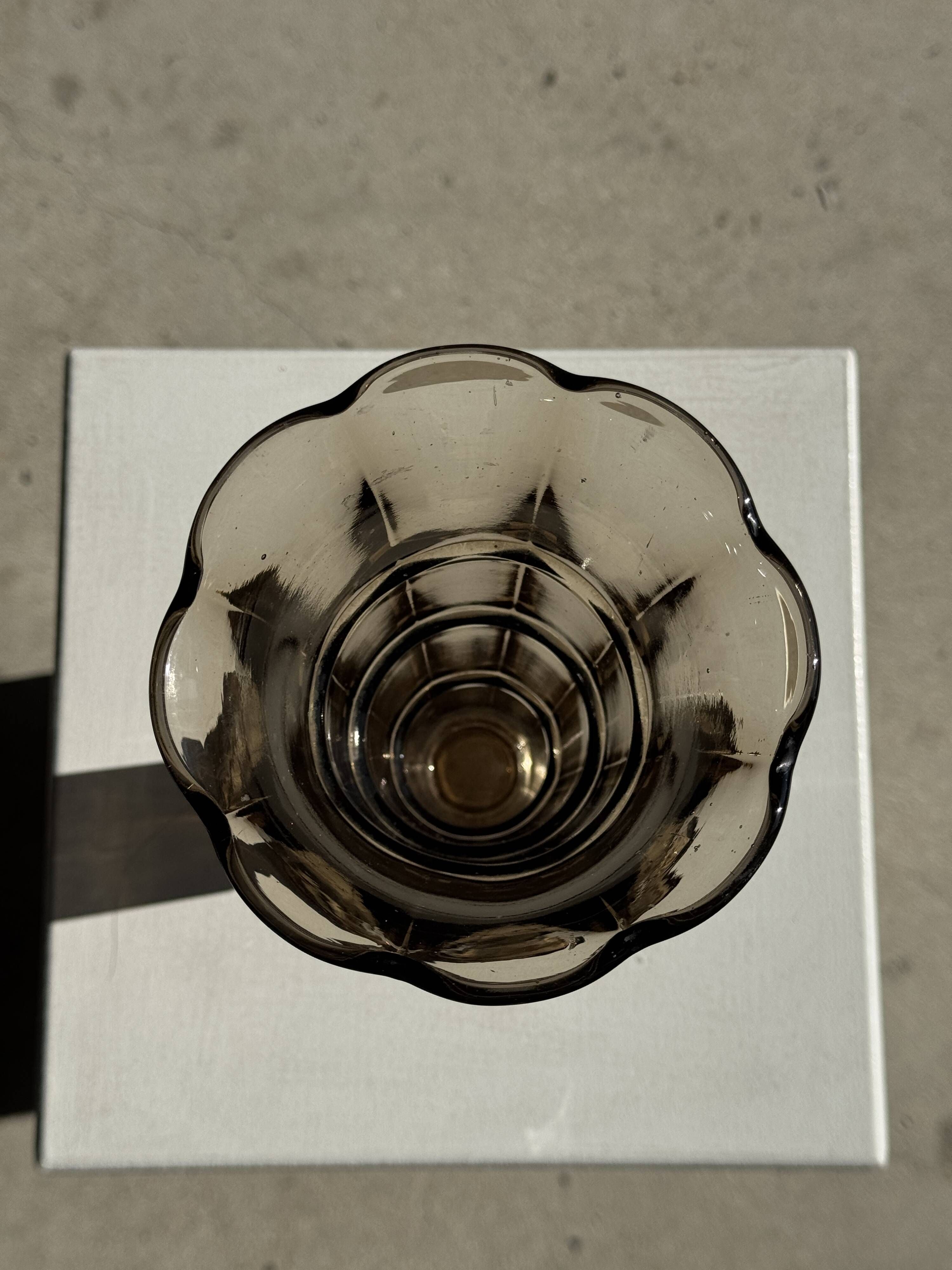 Flared Art Deco vase in smoked moulded glass with steps H30 W13.5