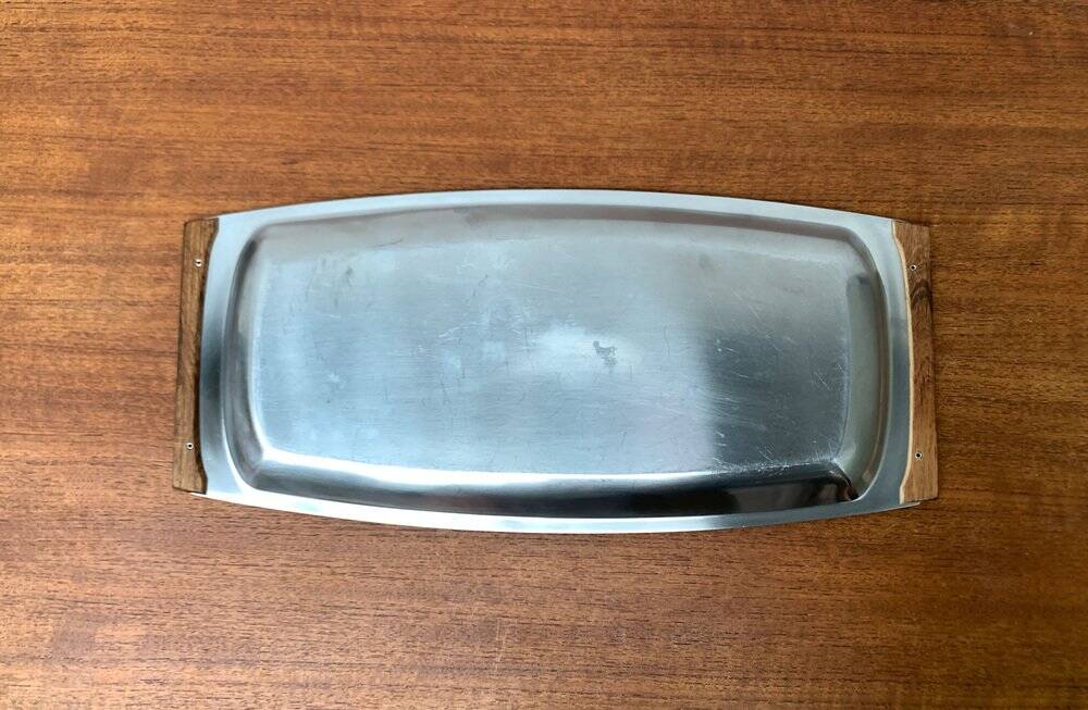 Danish stainless steel and teak plateau from the mid-century of Lundtofte, Denmark, 1960s.