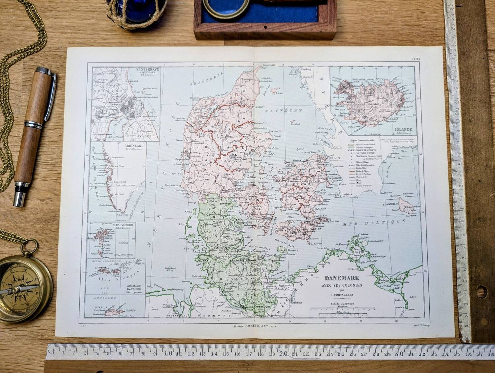 Denmark and dependencies, period map, 1887, Authentic