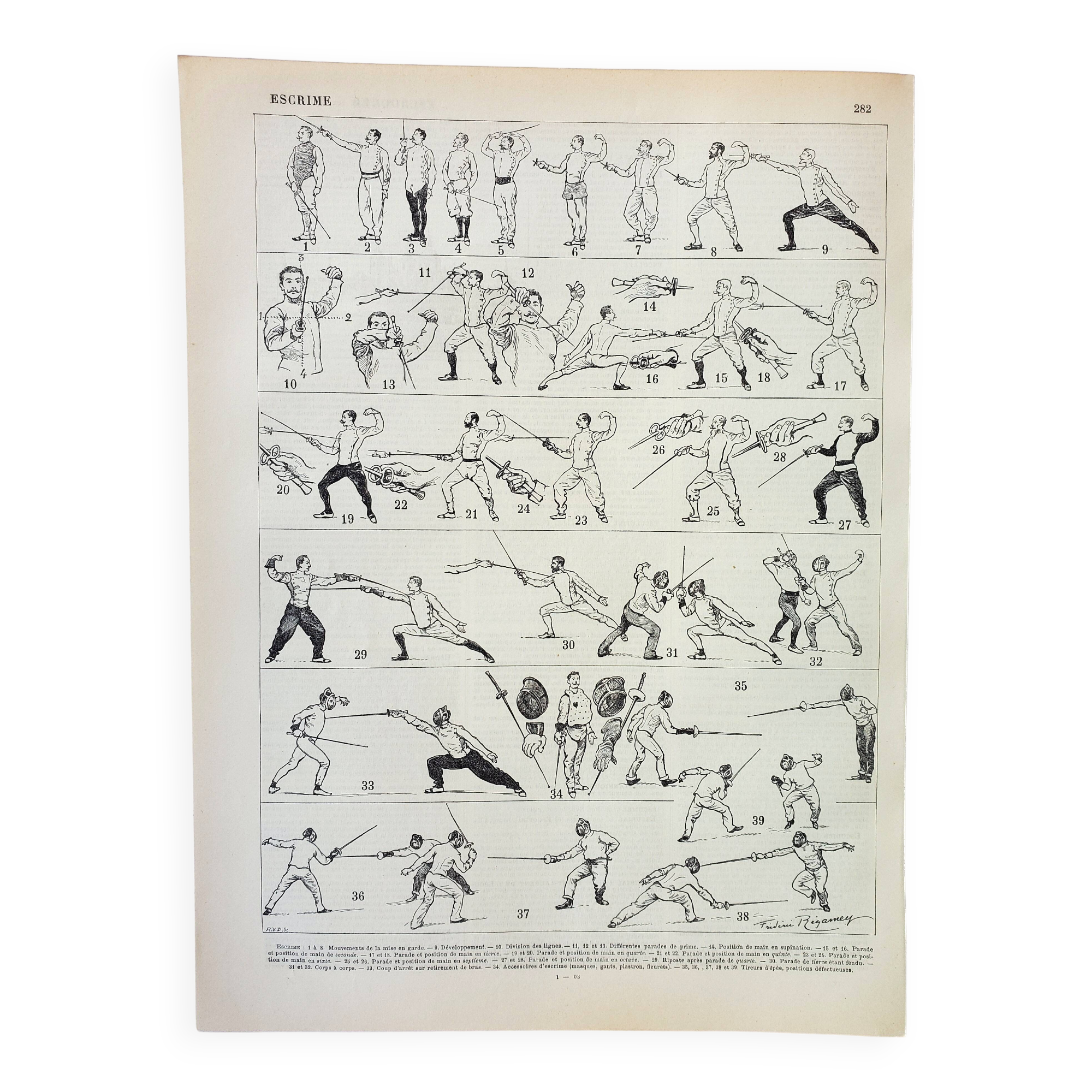Antique engraving 1898, Fencing, combat, sport, sword • Lithograph, original illustration