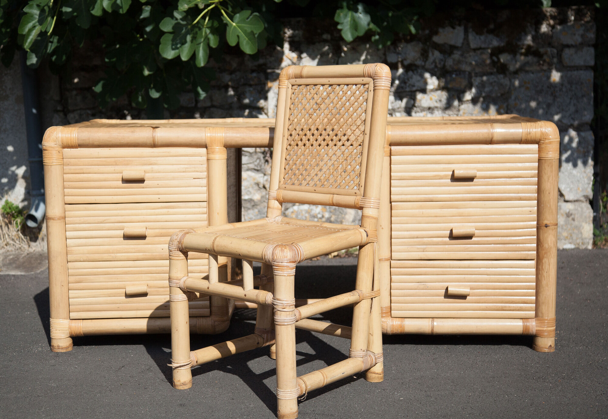 Bamboo desk, large drawer desk with chair, storage, bamboo furniture, interior decoration