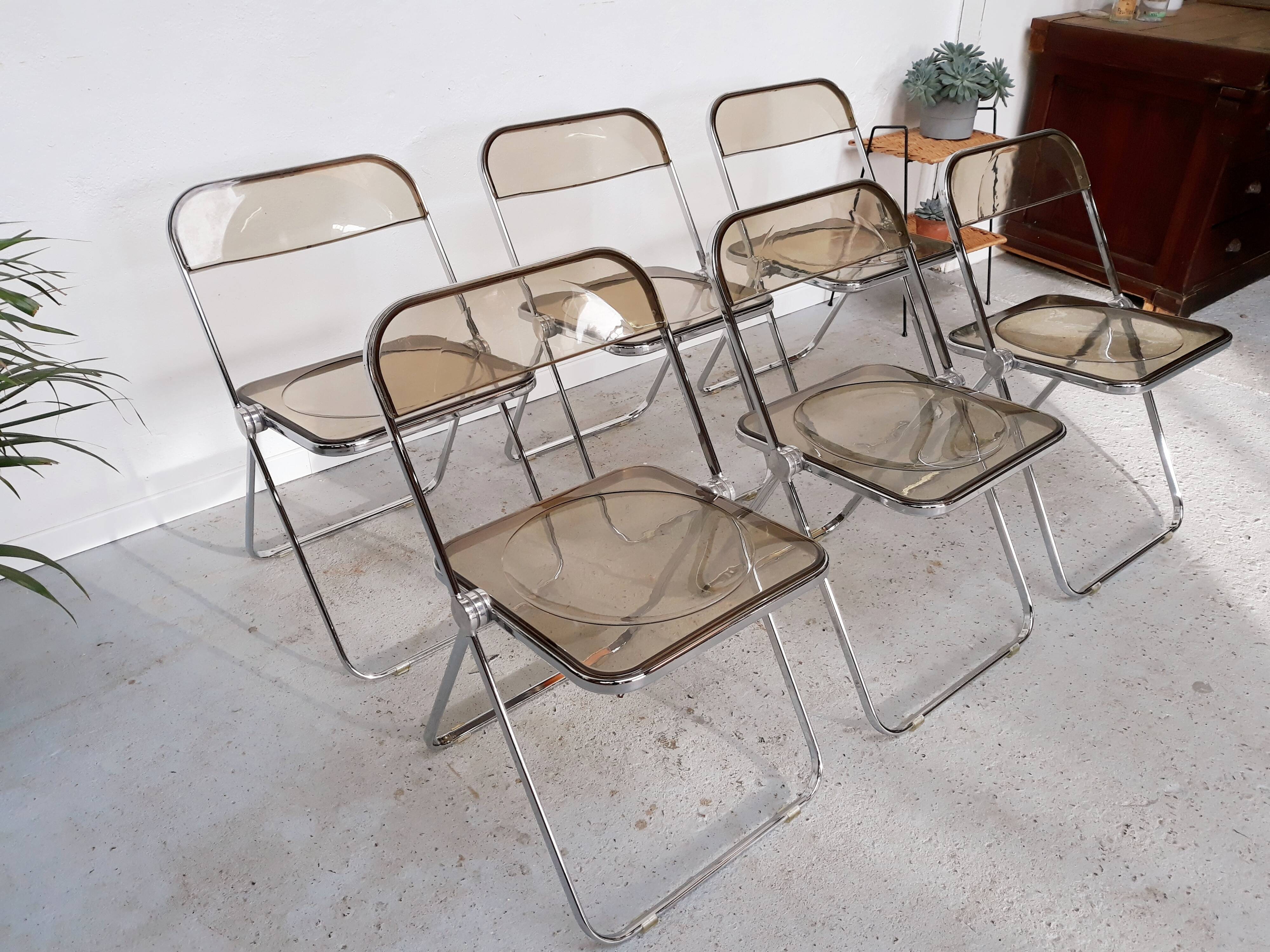 6 vintage Chairs Giancarlo Piretti "plia" 1970 chrome and Plexiglas