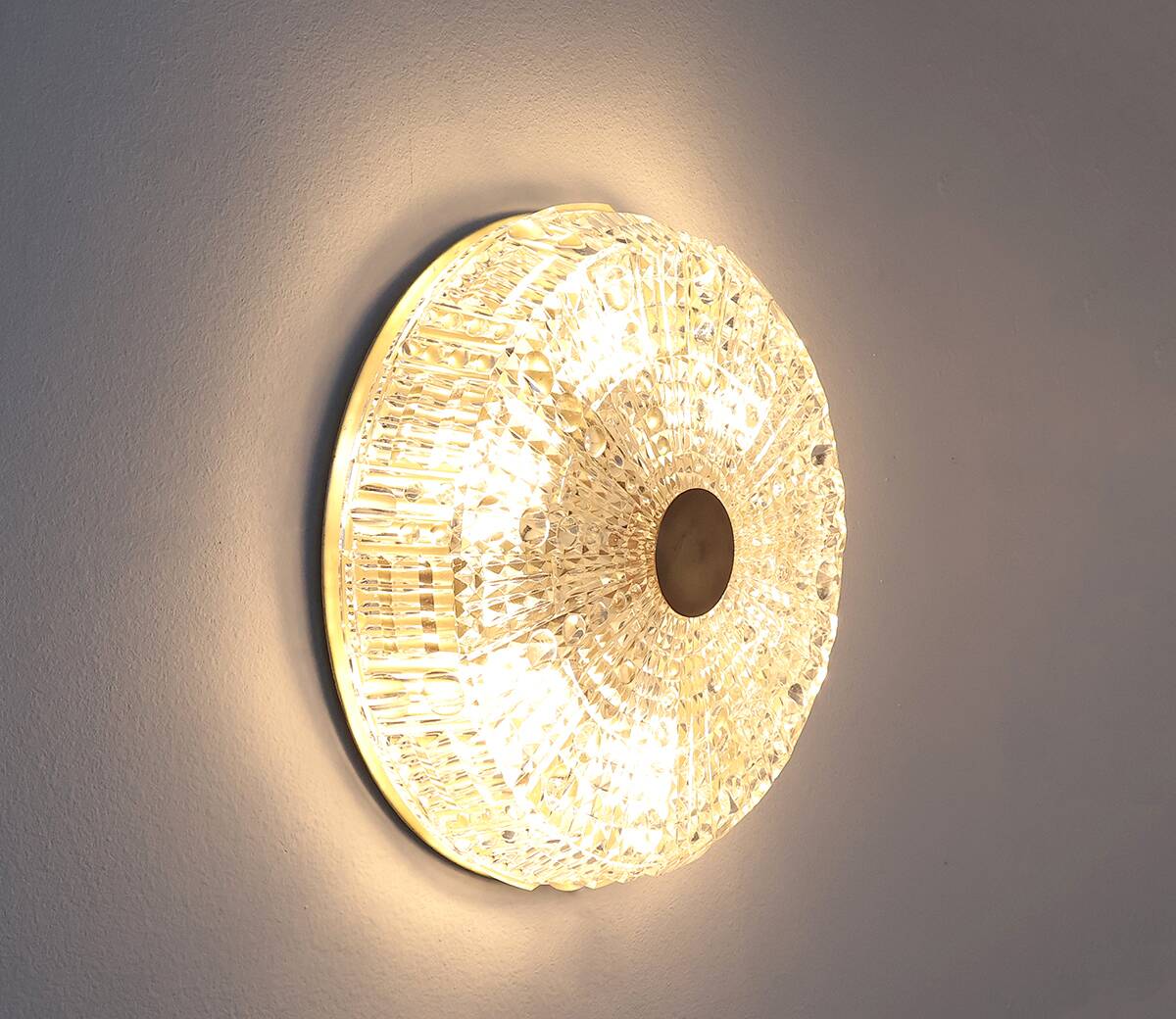 Orrefors crystal and brass ceiling lamp for Lyfa, 1970s