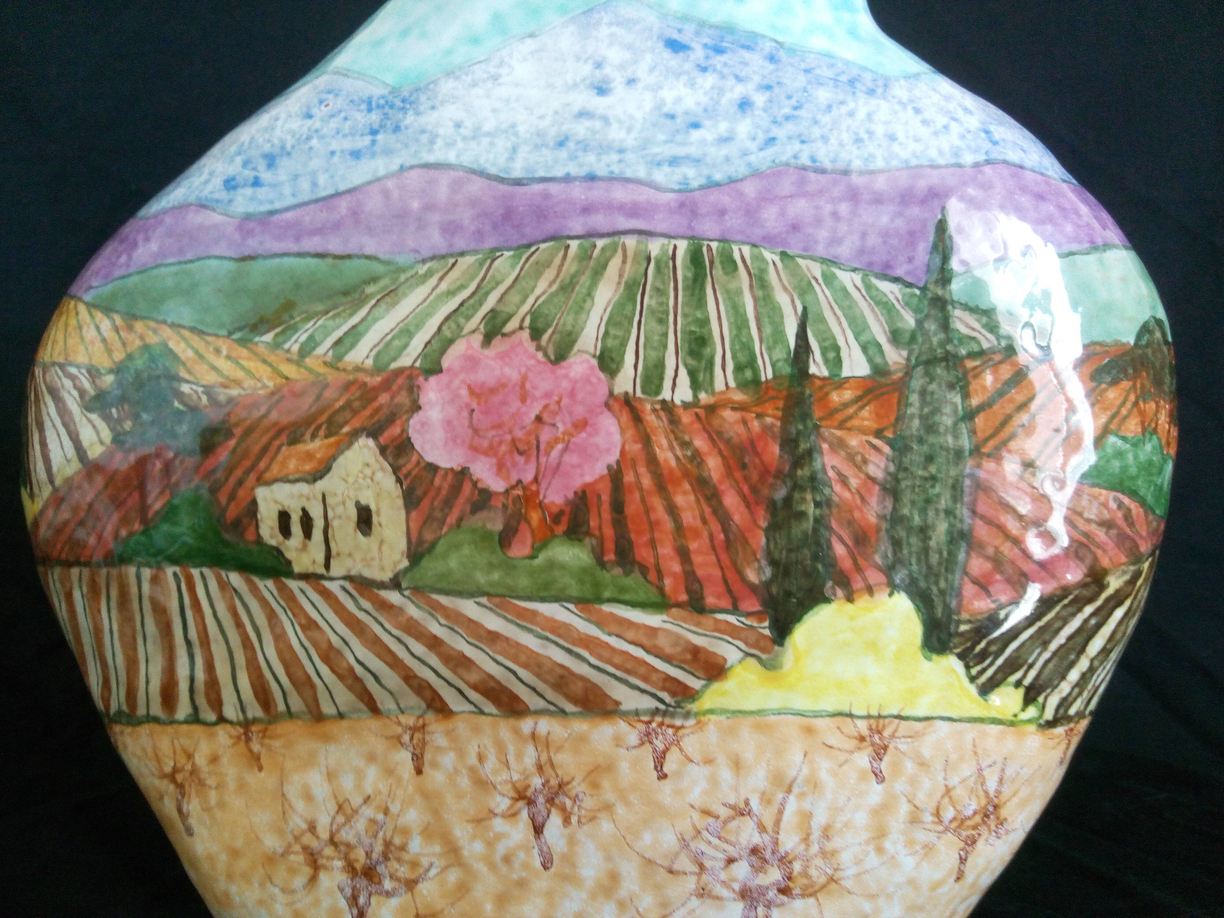 Vase Art Déco en grès, peint à la main d'un paysage champêtre
