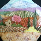 Art Deco stoneware vase, hand-painted with a country landscape
