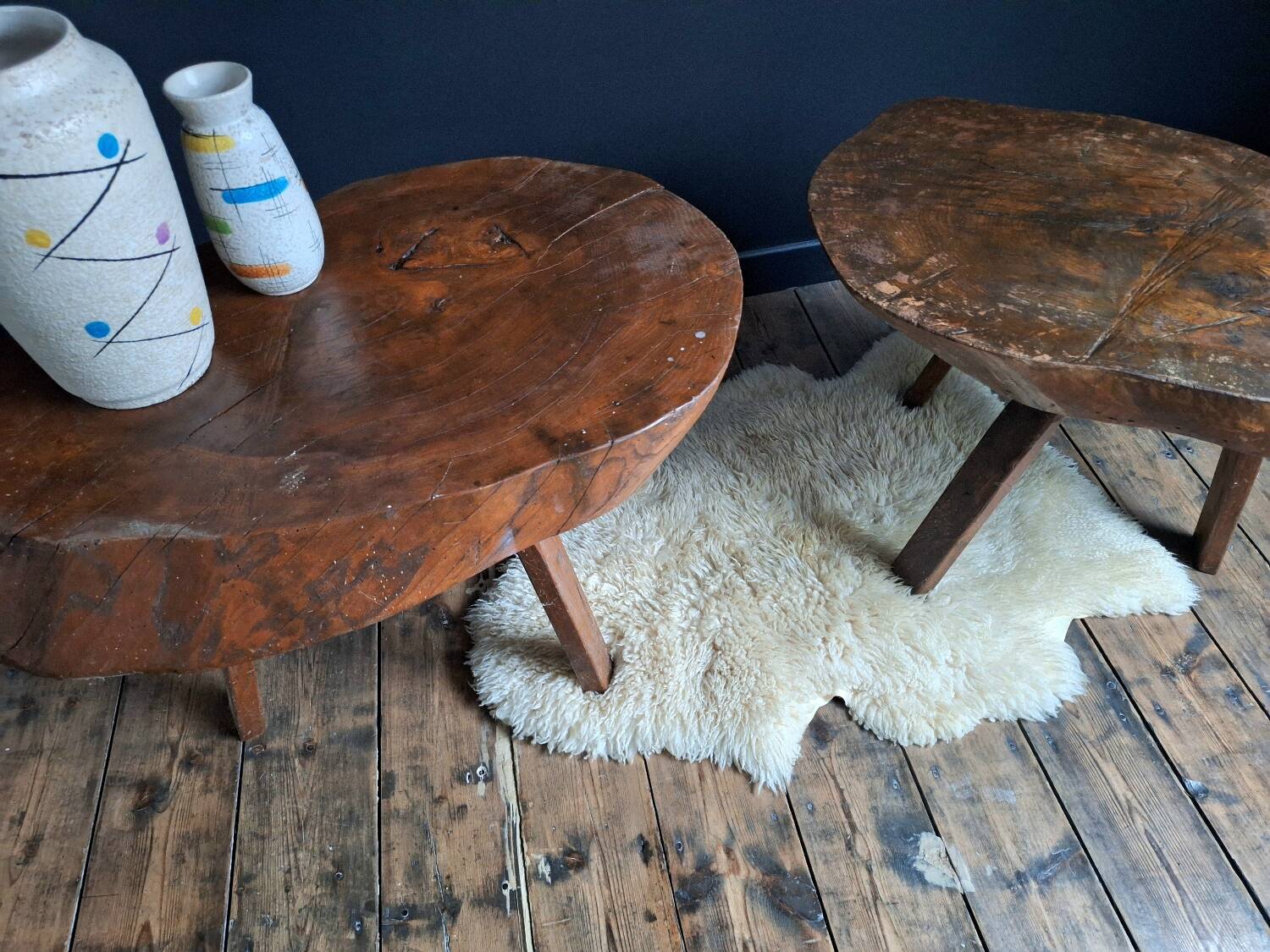 Brutalist tripod coffee tables, vintage furniture