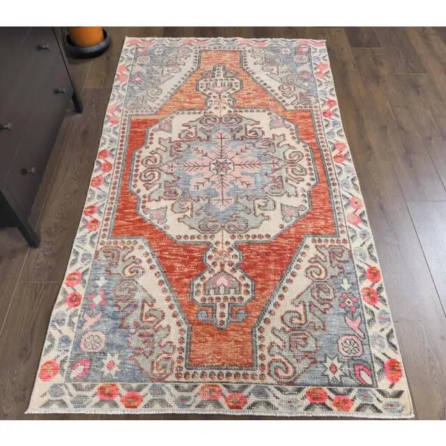 Tapis turc en laine orange fait main, années 1970
