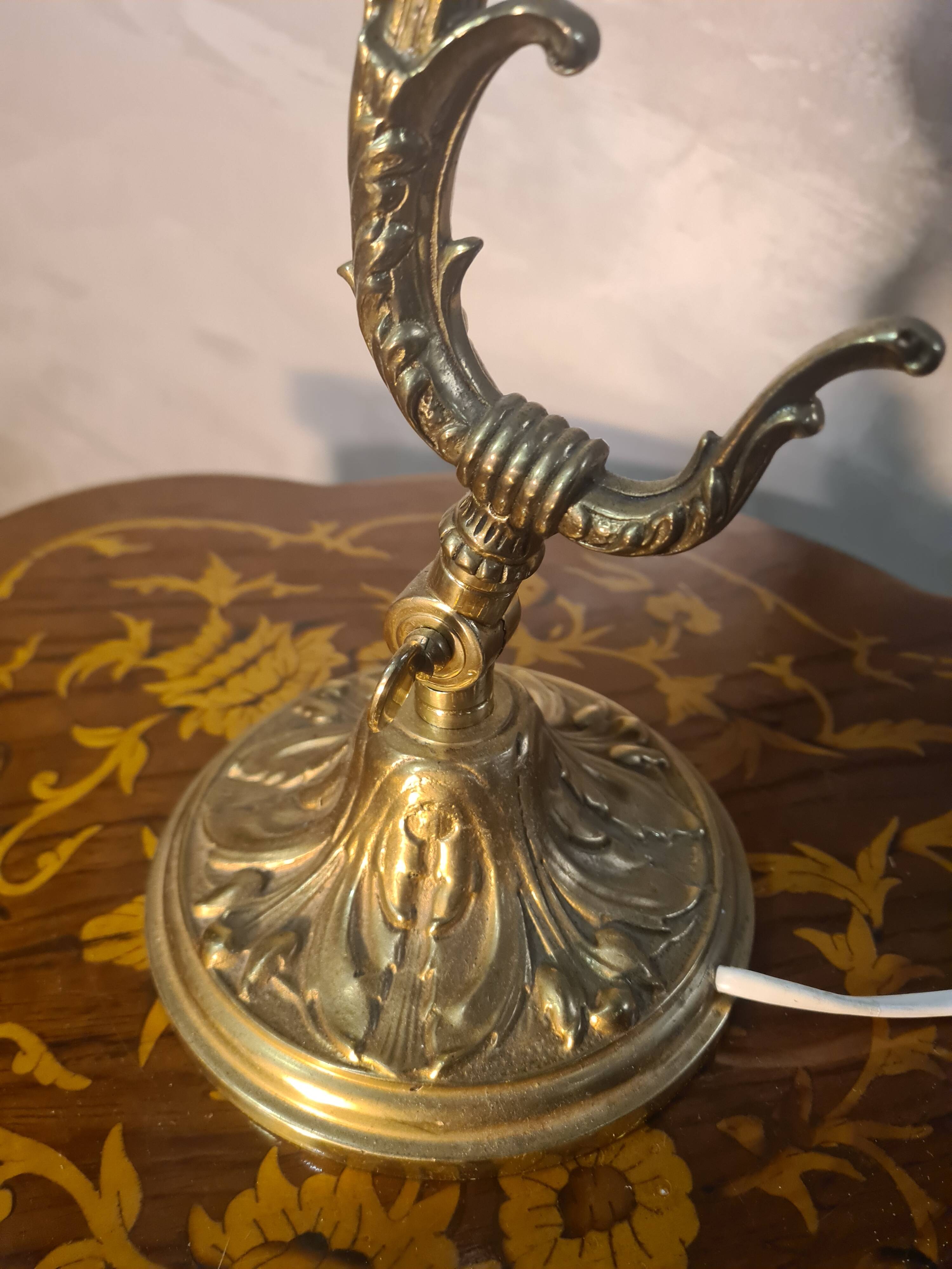bronze and brass lamp with a magnificent blue moulded tulip, opalescent,