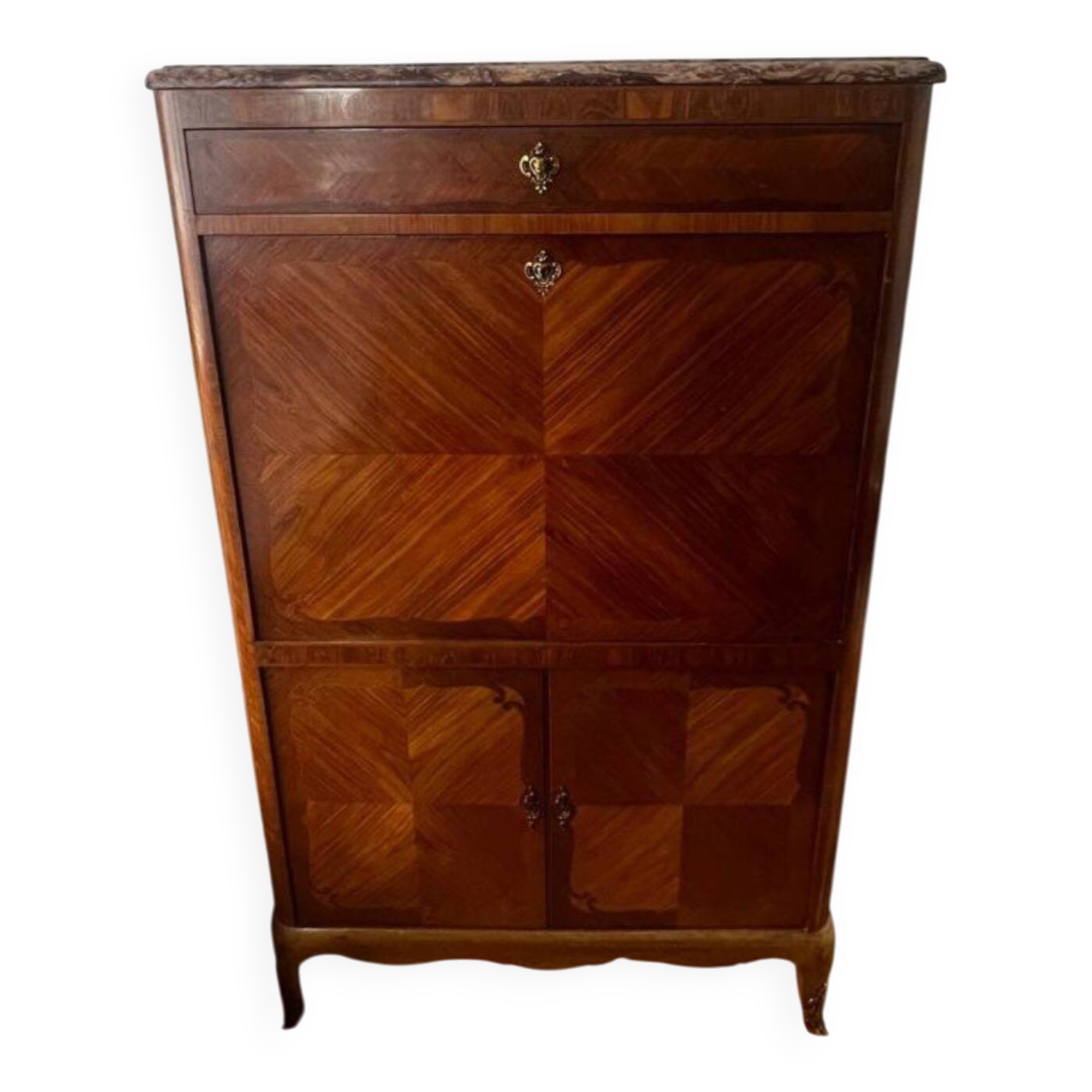 Louis XVI style secretary in marquetry, marble and bronze, 19th/20th century.