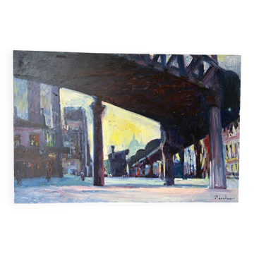 Metro Stalingrad in Paris, oil on canvas signed Patrice Landauer