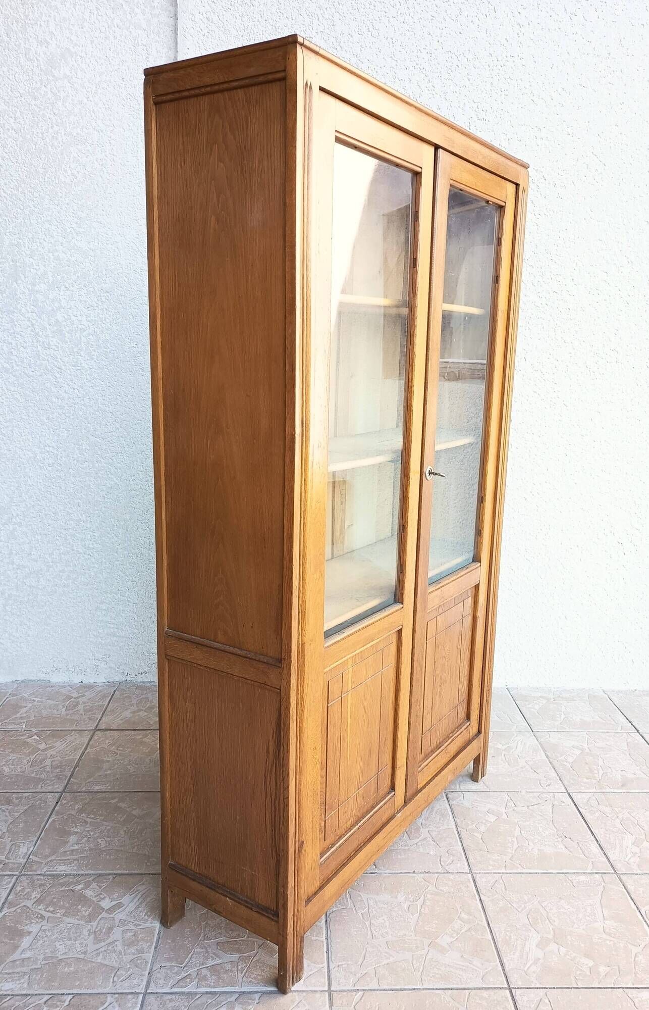 Vintage glass-fronted oak bookcase