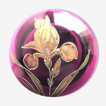 Bonbonnière art nouveau verre violet émaillé Legras iris à l'or fin